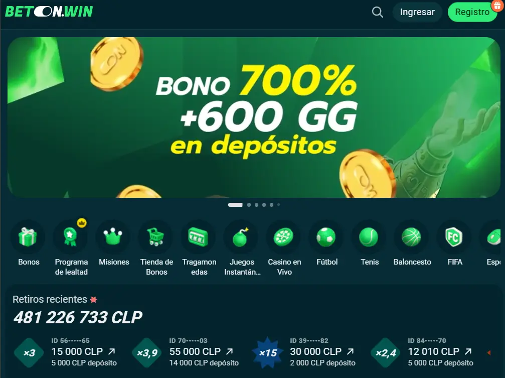 Página web de escritorio de Bet On Win